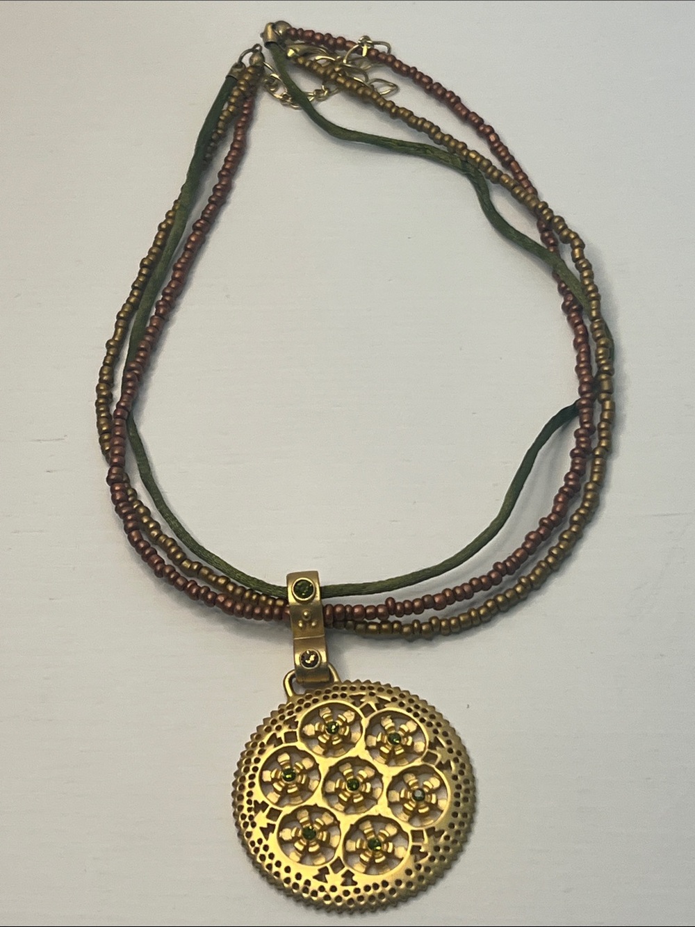 Boho Gold Floral Pendant Necklace in Green and Brown (Signed)